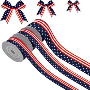 3 Rolls 4th of July Grosgrain Ribbon American Patriotic Craft Ribbon Stars and Stripes Ribbons for Basket Wreath Bow DIY Craft Memorial Day Decoration, 5/8", 7/8", 1.5" Wide, 15 Yards