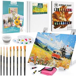Acrylic Paint Set for Kids, Art Painting Supplies Kits with 18 Acrylic Paints, 8 Brushes, 3 Canvas Board, 1Drawing Pad, Easel, Palette Etc, Idea Gift for Student & Beginner