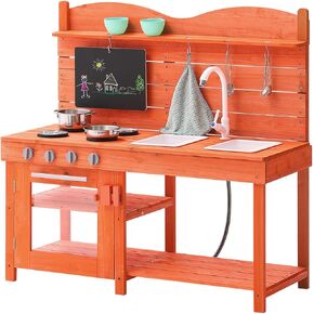 VEVOR Mud Kitchen for Kids, Wooden Pretend Play Kitchen Set for Boys & Girls, Pretend Play Kitchen with Realistic Stoves, 2 Removable Sink, Upgraded Faucet, Blackboard, Cookware Pots
