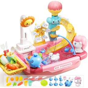 CUTE STONE Play Sink with Running Water, Toy Sink with Electric Faucet, Fishing Game, Toy Kitchen Accessories, Water Play Track, Pretend Play Dishwasher & Outdoor Water Table Toys for Toddlers Girls