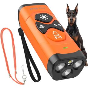 Dog Bark Deterrent Devices-Anti Barking Device with 3X Ultrasonic Emitters,2 Adjustable Modes,LED Flashlight,Portable&Rechargeable Dogs Barking Silencer-Safe for Puppy Training-Indoor&Outdoor (Orange)