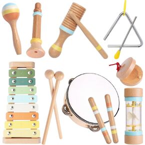 Asweets Baby Musical Instruments Set, Montessori Wooden Musical Toys for Toddlers, Wooden Percussion Instruments Set, for Boys Girls 3+, Neutral Colors