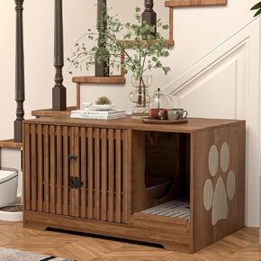 Cat Litter Box Enclosure Furniture, Hidden Litter Box Cabinet with Scratch Pad, Modern Wooden Cat House Washroom End Table for Living Room (Walnut)