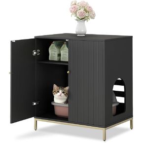 Convend Stylish Cat Litter Box Enclosure, Modern Hidden Litter Box Furniture with Tall Legs, Side Entrance, and Dual Use as End Table for Living Room or Bedroom (Black & Gold)