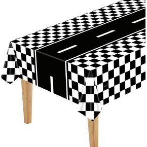 Piokio 2 Pack Black and White Checkered Road Tablecloths Race Car Theme Party Tablecloths, Disposable Plastic Tablecloth for Boys Birthday, 55" x 108"