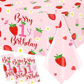 Berry First Birthday Decorations Tablecloth,3pcs Berry 1st Birthday Table Cloth Strawberry First Birthda Decorations for Girl Baby Shower