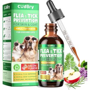 Oral Flea & Tick Prevention for Dogs and Cats, Natural Flea and Tick Defense Drops with Multivitamin for Pets - Supports Healthy Skin & Coat - Flea Herbal Drops All Breeds and Sizes - Bacon Flavor