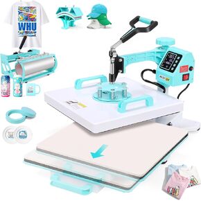 Akeydiy Heat Press 15x15 Inch 8 in 1 Slide Out Tshirt Press Machine مع مرفقات البهلوانات البهلوانة ذات السموات البهلوانية ، آلة الضغط على الطباعة الرقمية للطباعة.
