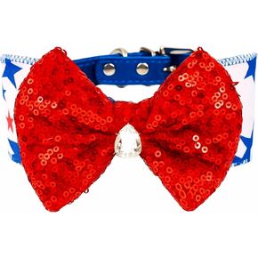 4th of July Dog Collar with Red Sequin Bow – Patriotic USA Pet Accessory for Small & Medium Dogs – Adjustable Blue Glitter Collar – S