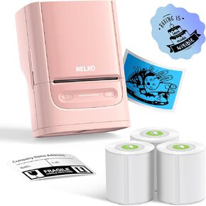 آلة صانع الملصقات Nelko مع شريط ، طابعة تسمية Bluetooth PM220 ، طابعة حرارية محمولة 2 بوصة للأعمال التجارية الصغيرة ، شعار ، ملابس ، طابعة ملصق للهواتف والكمبيوتر ، مع 3 علامات ، وردي