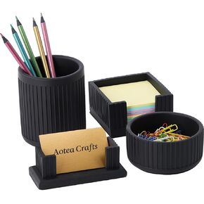 Set of 4 Aesthetic Desk Accessories For Modern, Minimalist Office Decor- Concrete Desk Organizers Accessories For Women or Men - Pen Holder, Business Card Holder, Sticky Note Holder, Paper clip Holder
