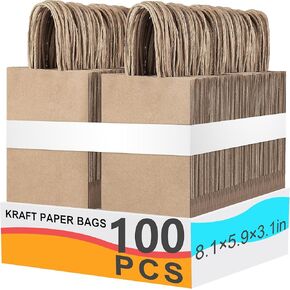 100pcs gift bags with handles，8.1x5.9x3.1 Inch，Medium gift bags，Brown paper bags， For Festival,Birthday, Favor,Party,Shopping,Retail Merchandise