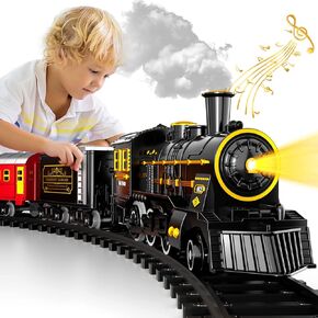 Christmas Train ElectricTrain Set with Retro Classic Steam Engine Wagon and Long Tracks, Battery Powered Train Playset with Smoke Lights and Sounds for Boys and Girls 3 5 6 7 Years Old