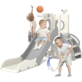 KORIMEFA 7 in 1 Toddler Slide, Kids Slide for Toddlers Baby 1-3 Years Old, Indoor and Outdoor with Basketball Hoop & Golf Set, Plastic Slides for Kids Easy Assembly, Grey