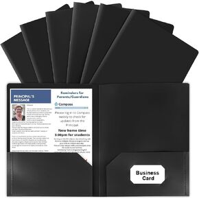 HABGP 6 Pack Black File Folders with Pockets and Business Card Slot, Letter Size Plastic 2 Pocket Folders for Documents, Office Filing Cabinet Folders, School Supplies for College Students
