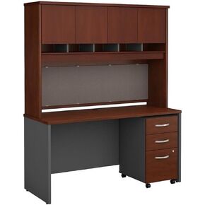 Pemberly Row Contemporary 60" 3 Drawer Credenza with Hutch in Hansen Cherry