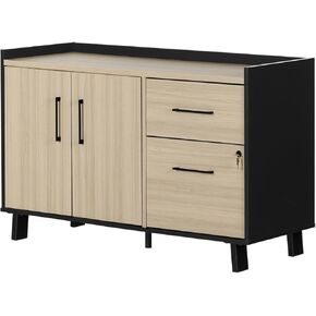 Visions 2-Drawer Credenza with Doors Soft Elm and Matte Black Functional Home Office Storage 18.25" x 18.25" x 30.25" with Lockable File Drawer and Built-in Power Bar