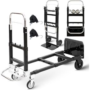 Upgraded 3 in 1 Folding Hand Truck, 600lbs Capacity, Heavy Duty Convertible Dolly with Retractable Handle and 4 Rubber Wheels, Collapsible Cart for Moving Home, Office, Warehouse（Orange）