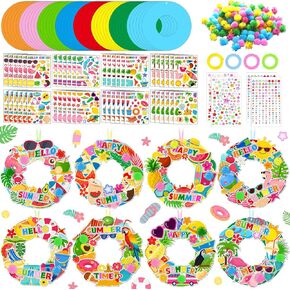 48 Sets Summer Wreath Craft Kits Hello Summer DIY Hanging Ornaments Luau Decor Make Your Own Hawaiian Paper Craft with Stickers for Home Beach Pool Party Favors Activities