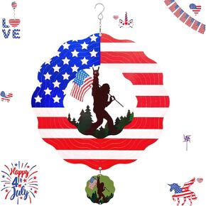 4th of July Wind Chimes - 3D Rotating Patriotic Decor with American Flag, Metal Outdoor Wind Chimes for Garden, Patio, Window Hanging (Bigfoot & US Flag Design