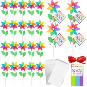 24 Pack End of Year Gifts Pinwheels for Kids Students Rainbow Flower Wind Spinners for Yard and Garden with 24 Pcs Cards and 16 ft Silk Ribbon,Wind Sculptures for Outdoor Decorations Party Favors
