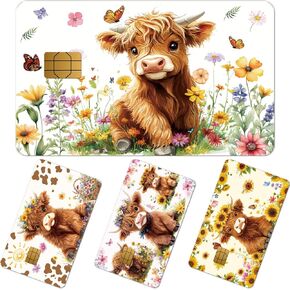 Debit Card Skin Stickers - 4 Pcs Highland Cow Credit Card Skin Stickers, Cute Animal Sunflower Removable Waterproof Decal Cover Set for Girls Women DIY Key, Transportation Cards