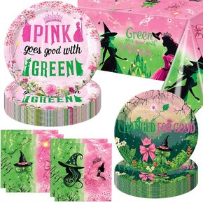 41 PCS Pink and Green Witch Party Decorations Include Pink Plates, Green Plates, Napkins, Tablecloth for Witch Birthday Party Decorations
