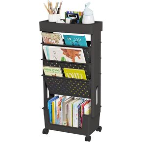 5-Tier Mobile Bookshelf, Rolling Bookcase Book Storage Rack, Movable File Folder Organizer Cart with Wheels for Home Study Office Living Room Classroom, White