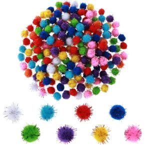 Mabor 200 Pcs Glitter Pom Pom Balls, 0.59 inch Multicolor Assorted Sparkle Glitter Poms Balls for Fluffy Craft Pompoms for Art Crafts, DIY Decorations