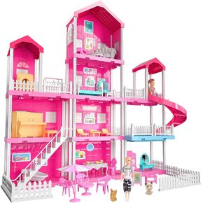 TEMI Villa Toy for 3 4 5 6 Year Old Girls - 4 Storeys 10 Rooms Villa Playset with 2 Doll Toy Figures, Accessories and Furniture, Toddler Home Pretend Kits Gifts for Kids Ages 3 Toys