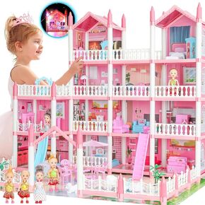 24 بوصة Doll Doll House Toys Dream Dollhouse 4 Story 15 Rooms Playhouse مع 3 دمى وأضواء وأثاث وملحقات ، و Play Play Toddler Doll Houses For Kids 6 7 8+ Year Gift