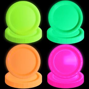 40 PCS Glow In The Dark Plates Neon Party Decorations, 4 Colors Neon Paper Plates Birthday for Glow Birthday Supplies Let's Glow Party Decorations, 9 Inch (40)