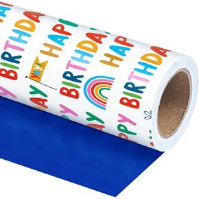 WRAPAHOLIC Reversible Birthday Wrapping Paper Roll - Mini Roll - 17 Inch x 10 Feet - Happy Birthday Lettering and Polka Dots Design Perfect for Kid's, Baby Shower