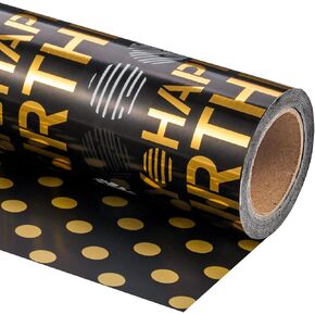WRAPAHOLIC Birthday Wrapping Paper - Mini Roll - 17 Inch x 16.5 Feet - Blue Gold Foil Happy Birthday Wrapping Paper for Kids, Boys, Men, Baby Shower