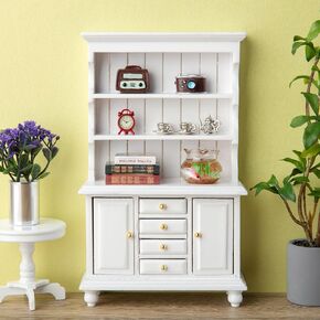 1/12 Dollhouse Cabinet Set, 11Pcs Dollhouse Miniature Wooden Bookshelf with Accessories (Alarm Clock, Fish Tank, Books, Coffee Cups) for Living Room,Dining Room,Study and Other Scenes