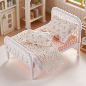1:12 Dollhouse Furniture Bed, 1 Set Miniature Fairy Pastoral Style White Rattan Bed with Removable Lace Bedding, Modemn Bedroom Furniture Accessories Set