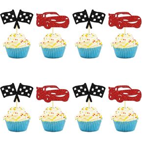24 PCS Red Cars Cupcake Toppers Race Car Party Decorations Checkered Theme Cake Decoration for Boy Girl Baby Shower Birthday Party Cake Decors Supplies