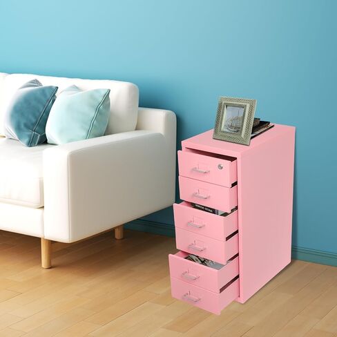 TFCFL Mobile File Cabinet 6 Drawer Vertical File Cabinet with Wheels Metal File Cabinet with Lock for Home Office, 11" D x 16" W x 27" H (Pink) in Saudi Arabia