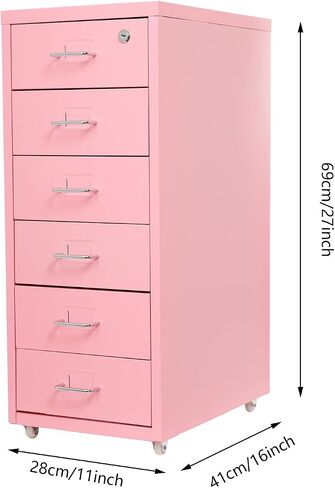 TFCFL Mobile File Cabinet 6 Drawer Vertical File Cabinet with Wheels Metal File Cabinet with Lock for Home Office, 11" D x 16" W x 27" H (Pink) in Saudi Arabia