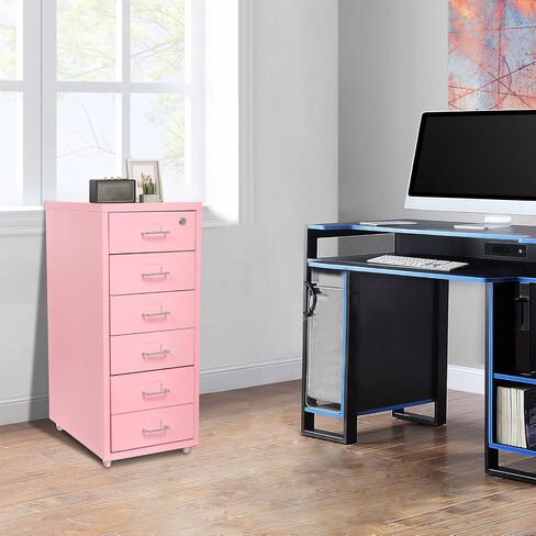 TFCFL Mobile File Cabinet 6 Drawer Vertical File Cabinet with Wheels Metal File Cabinet with Lock for Home Office, 11" D x 16" W x 27" H (Pink) in Saudi Arabia