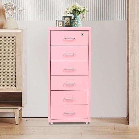 TFCFL Mobile File Cabinet 6 Drawer Vertical File Cabinet with Wheels Metal File Cabinet with Lock for Home Office, 11" D x 16" W x 27" H (Pink) in Saudi Arabia