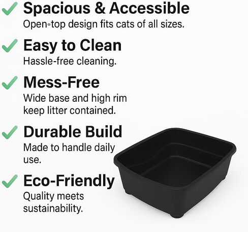 Open Cat Litter Box – Large Nonstick Litter Pan for Small & Large Cats | Durable Standard Box, Easy to Clean (Black) in Kuwait