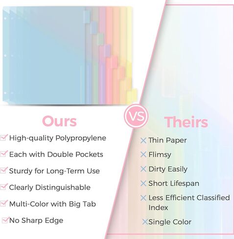 Skydue Pastel Binder Dividers مع علامات تبويب وجيوب - فواصل بلاستيكية ناعمة لثلاثة رنين ، وتشمل 16 ملصقات فهرس فارغة ، لتنظيم المدارس والمكاتب ، الوردي in Saudi Arabia