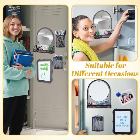 طقم إكسسوارات خزانة مغناطيسية قوية 12 قطعة - مرآة خزانة مع حامل أقلام وأقلام لوح مسح جاف، ديكور منظم الخزانة لخزانة مكتب المدرسة للفتيات، أساسيات العودة إلى المدرسة، أسود in Kuwait