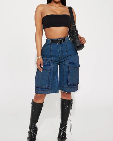 Women's High Waist Denim Shorts Straight Leg Raw Hem Jean Shorts Summer Hot Pants with Pockets in Saudi Arabia