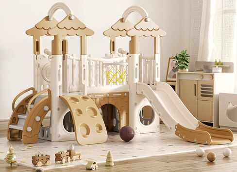 XJD 9 in 1 Toddler Slide, Jungle Slide with Basketball Hoop, Tunnel and Storage Space, Outdoor Indoor for Toddlers Age 1+,Tree House Design Toddlers Outdoor Indoor Playground (Brown) in Kuwait