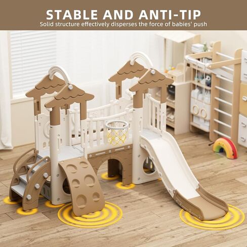 XJD 9 in 1 Toddler Slide, Jungle Slide with Basketball Hoop, Tunnel and Storage Space, Outdoor Indoor for Toddlers Age 1+,Tree House Design Toddlers Outdoor Indoor Playground (Brown) in Kuwait