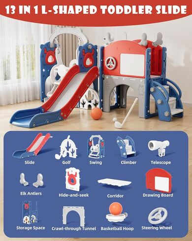 XJD 13-in-1 Slide and Swing Set ، Slide Kids For Toddlers Age 1+ ، Toddler Outdoor Playset ترقية جديدة مع مجموعة الجولف ، كرة السلة ، لوحة رسم للملعب (Red Blue) in Kuwait
