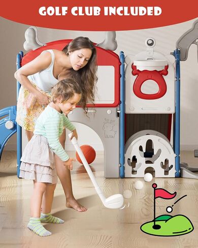 XJD 13-in-1 Slide and Swing Set ، Slide Kids For Toddlers Age 1+ ، Toddler Outdoor Playset ترقية جديدة مع مجموعة الجولف ، كرة السلة ، لوحة رسم للملعب (Red Blue) in Kuwait
