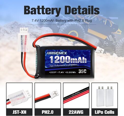 URGENEX SCX24 Battery 7.4V Lipos 2S 35C(Burst 70C) 1200mAh Rechargeable Lithium Battery with PH2.0 Plug Compatible with Most 1/10, 1/16, 1/18, 1/24 Scale RC Cars Trucks with 1TO2 USB Charger in Saudi Arabia